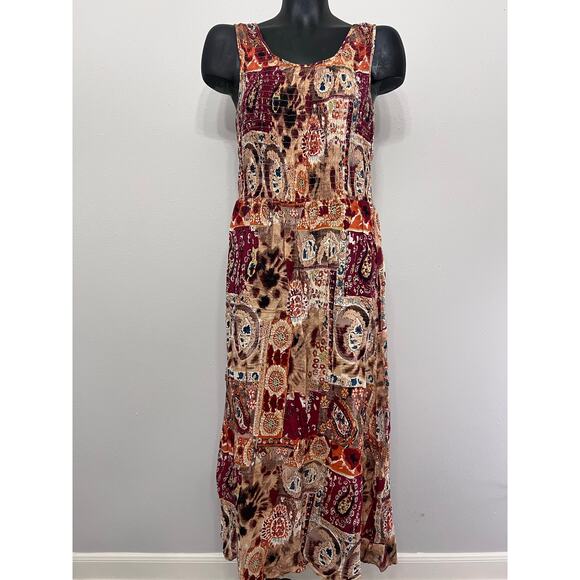 Elementz Smocked Maxi Dress Sz PL Fall Color Print Sleeveless Festival Boho - Picture 1 of 5